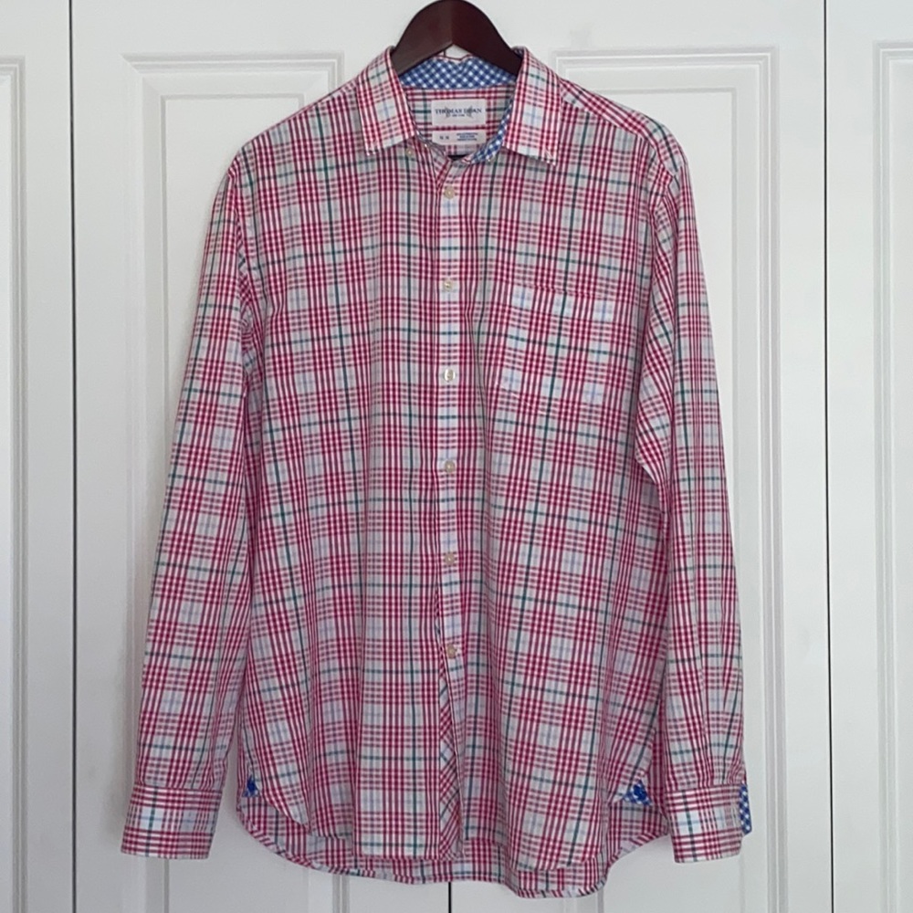 Thomas Dean Pink Plaid Stripe Long Sleeve Button Down Dress Shirt Size Medium
